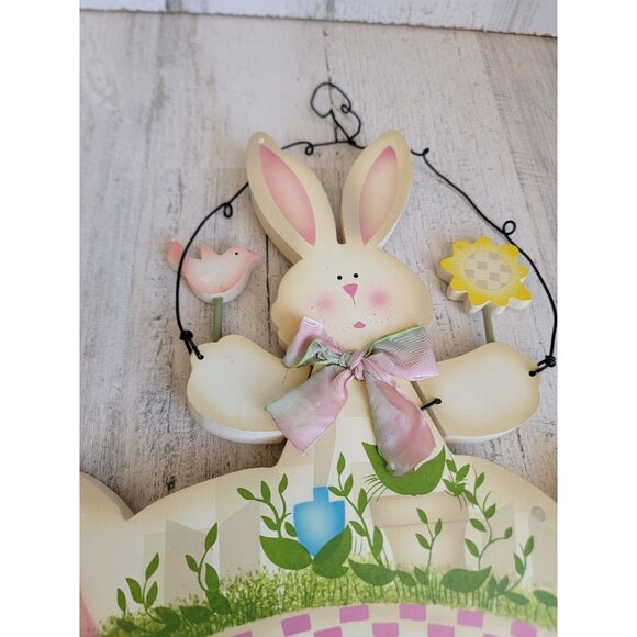 Vintage wooden easter bunny rabbit happy Springtime hanging wall decor - Picture 4 of 6